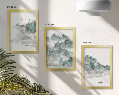 Juego de 3 cuadros decorativos con diseño de montañas entre las nubes con pájaros y barco estilo japandi