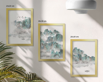 Juego de 3 cuadros decorativos Montañas entre las nubes con pájaros y un barco en el agua japandi
