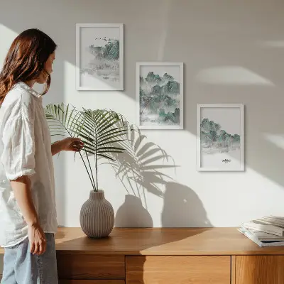 Juego de 3 cuadros decorativos con diseño de montañas entre las nubes con pájaros y barco estilo japandi