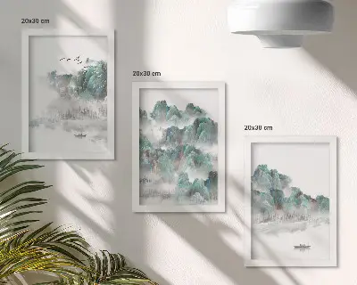 Juego de 3 cuadros decorativos con diseño de montañas entre las nubes con pájaros y barco estilo japandi