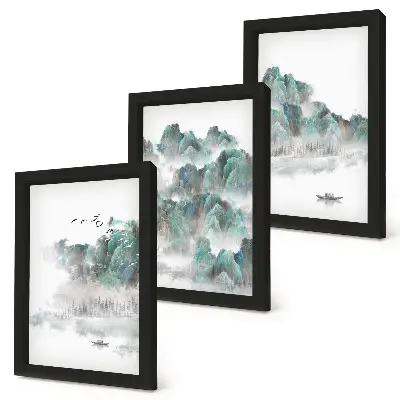 Juego de 3 cuadros decorativos con diseño de montañas entre las nubes con pájaros y barco estilo japandi