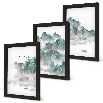 Juego de 3 cuadros decorativos Montañas entre las nubes con pájaros y un barco en el agua japandi