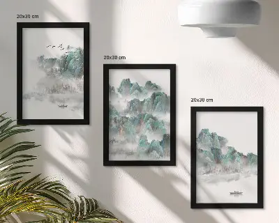 Juego de 3 cuadros decorativos con diseño de montañas entre las nubes con pájaros y barco estilo japandi