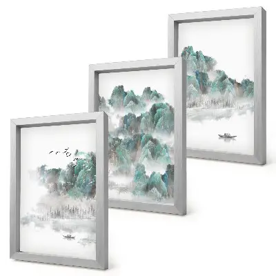 Juego de 3 cuadros decorativos con diseño de montañas entre las nubes con pájaros y barco estilo japandi
