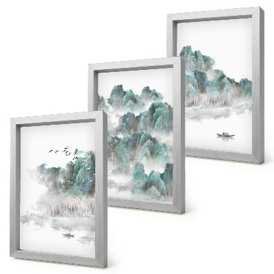 Juego de 3 cuadros decorativos Montañas entre las nubes con pájaros y un barco en el agua japandi
