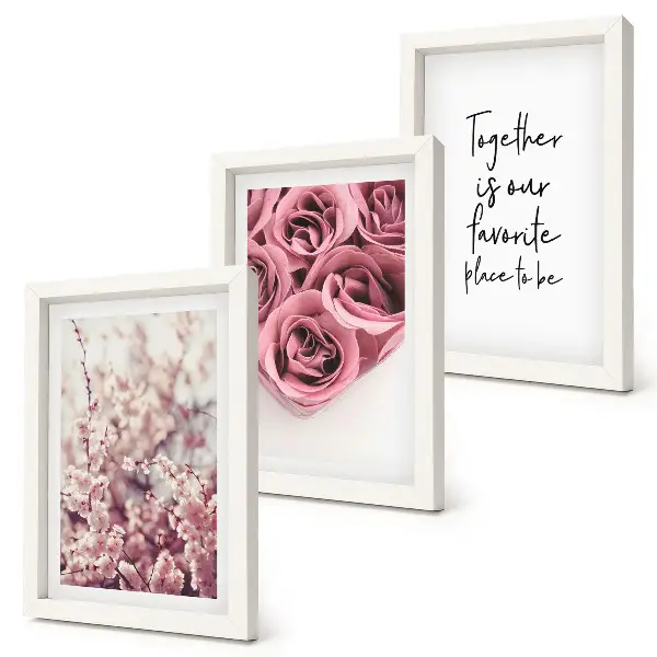 Juego de 3 cuadros decorativos con motivos de flores y ramos de rosas con inscripción hecha a mano