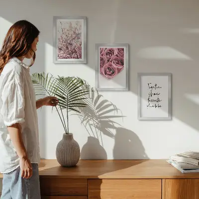 Juego de 3 cuadros decorativos con motivos de flores y ramos de rosas con inscripción hecha a mano