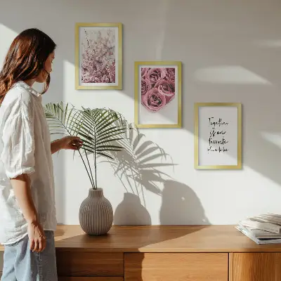 Juego de 3 cuadros decorativos con motivos de flores y ramos de rosas con inscripción hecha a mano