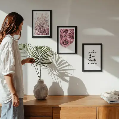 Juego de 3 cuadros decorativos con motivos de flores y ramos de rosas con inscripción hecha a mano