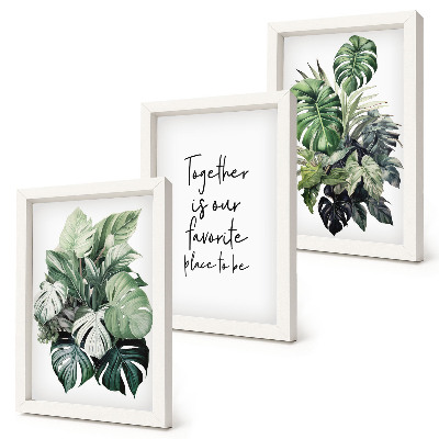 Tríptico enmarcado Hojas verdes de plantas tropicales con inscripción decorativa