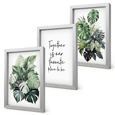 Tríptico enmarcado Hojas verdes de plantas tropicales con inscripción decorativa