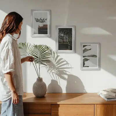 Juego de 3 cuadros decorativos con diseño de plantas en maceta de hojas rústicas