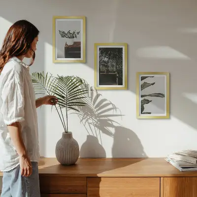 Juego de 3 cuadros decorativos con diseño de plantas en maceta de hojas rústicas