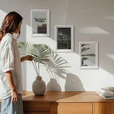 Juego de 3 cuadros decorativos con diseño de plantas en maceta de hojas rústicas