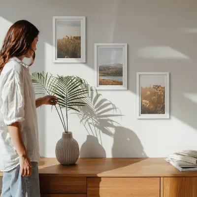 Tríptico enmarcado con paisajes de prados, montañas y un lago al fondo