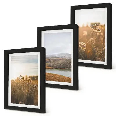 Tríptico enmarcado con paisajes de prados, montañas y un lago al fondo