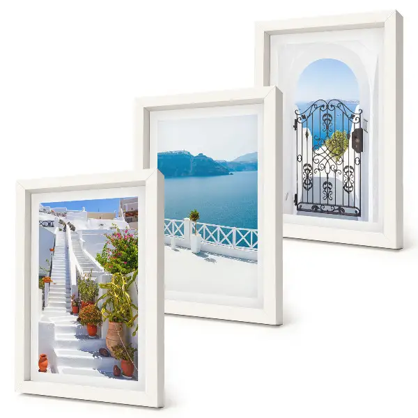 Juego de 3 cuadros decorativos con diseño de escaleras blancas, plantas, vistas al mar y puerta