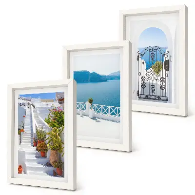 Juego de 3 cuadros decorativos con diseño de escaleras blancas, plantas, vistas al mar y puerta