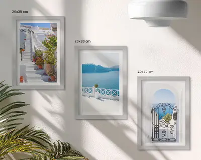 Juego de 3 cuadros decorativos con diseño de escaleras blancas, plantas, vistas al mar y puerta