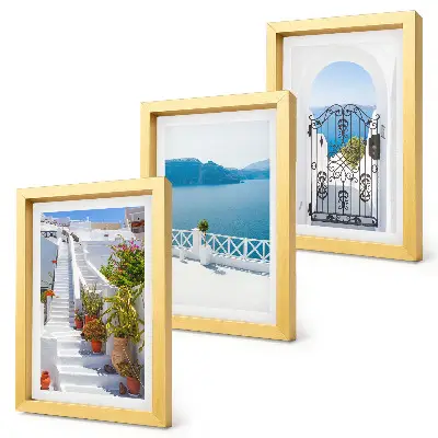 Juego de 3 cuadros decorativos con diseño de escaleras blancas, plantas, vistas al mar y puerta