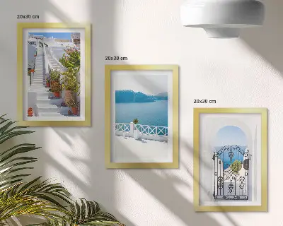 Juego de 3 cuadros decorativos con diseño de escaleras blancas, plantas, vistas al mar y puerta