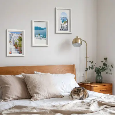 Juego de 3 cuadros decorativos con diseño de escaleras blancas, plantas, vistas al mar y puerta