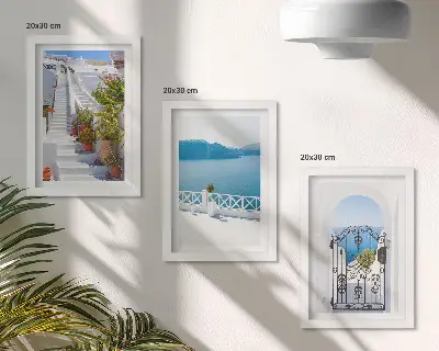 Juego de 3 cuadros decorativos con diseño de escaleras blancas, plantas, vistas al mar y puerta