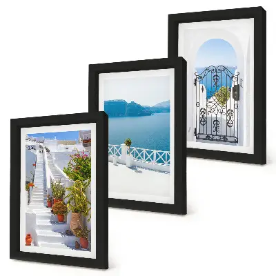 Juego de 3 cuadros decorativos con diseño de escaleras blancas, plantas, vistas al mar y puerta
