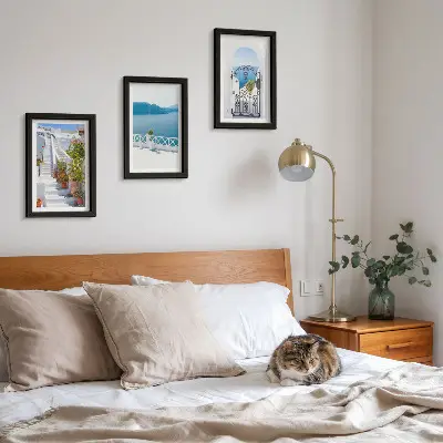 Juego de 3 cuadros decorativos con diseño de escaleras blancas, plantas, vistas al mar y puerta