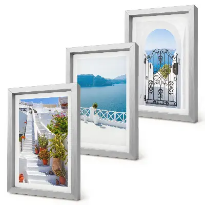 Juego de 3 cuadros decorativos con diseño de escaleras blancas, plantas, vistas al mar y puerta
