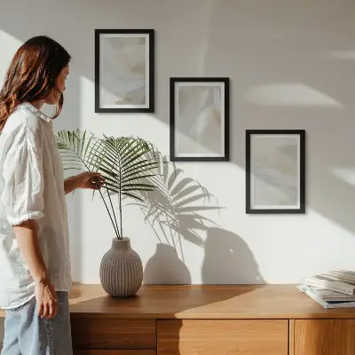 Tríptico enmarcado fondo abstracto claro con pinceladas delicadas