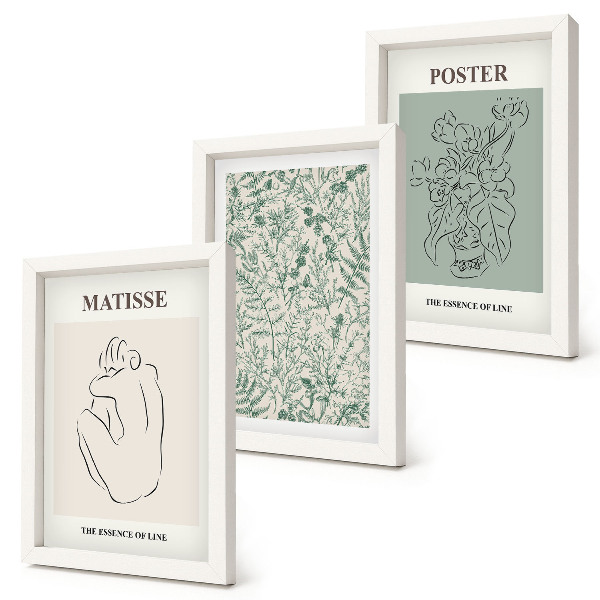 Juego de 3 cuadros decorativos Líneas y motivos vegetales en un estilo minimalista.