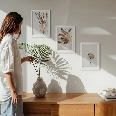 Tríptico enmarcado flores y ramas con un estilo natural minimalista