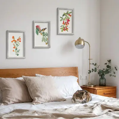 Juego de 3 cuadros decorativos con diseño retro de flores y pájaro en una rama
