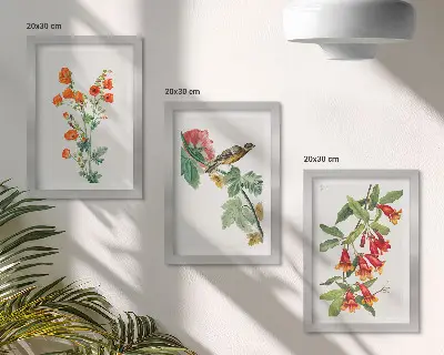 Juego de 3 cuadros decorativos con diseño retro de flores y pájaro en una rama