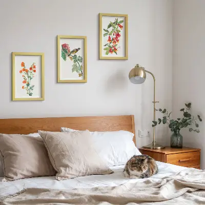 Juego de 3 cuadros decorativos con diseño retro de flores y pájaro en una rama