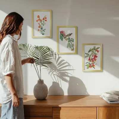 Juego de 3 cuadros decorativos con diseño retro de flores y pájaro en una rama
