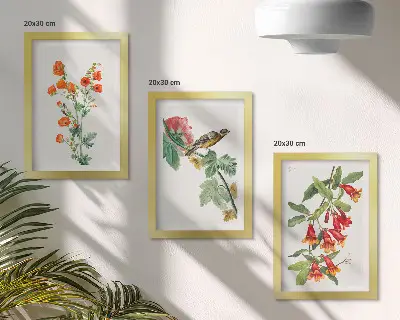 Juego de 3 cuadros decorativos con diseño retro de flores y pájaro en una rama