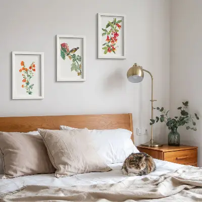 Juego de 3 cuadros decorativos con diseño retro de flores y pájaro en una rama
