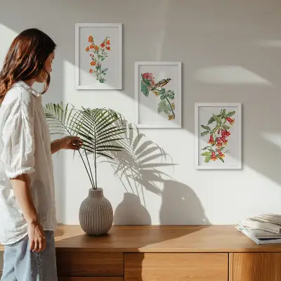 Juego de 3 cuadros decorativos con diseño retro de flores y pájaro en una rama