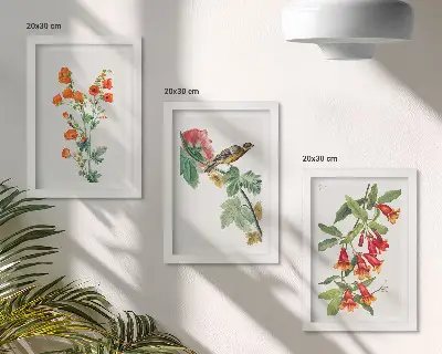 Juego de 3 cuadros decorativos con diseño retro de flores y pájaro en una rama