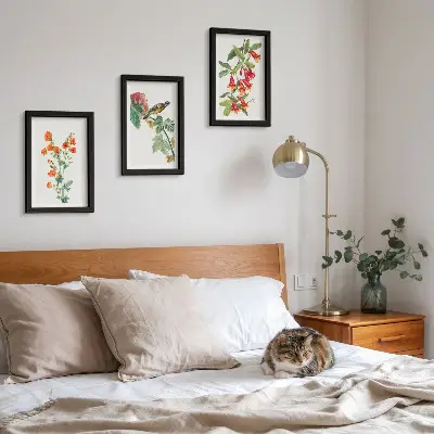 Juego de 3 cuadros decorativos con diseño retro de flores y pájaro en una rama