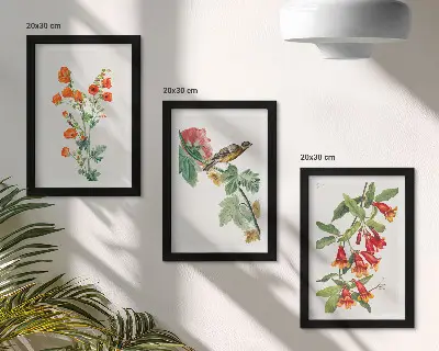 Juego de 3 cuadros decorativos con diseño retro de flores y pájaro en una rama
