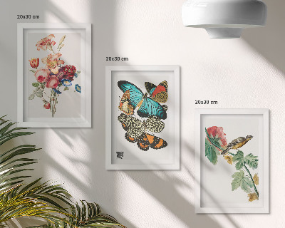 Tríptico enmarcado Flores, mariposas y un pájaro en tonos pastel.