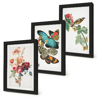 Tríptico enmarcado con diseño de flores mariposas y un pájaro en tonos pastel