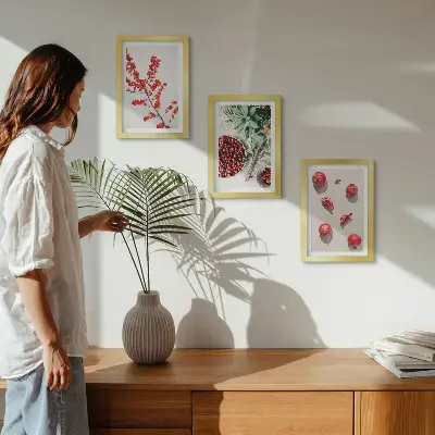 Juego de 3 cuadros decorativos con diseño minimalista de frutas rojas y plantas