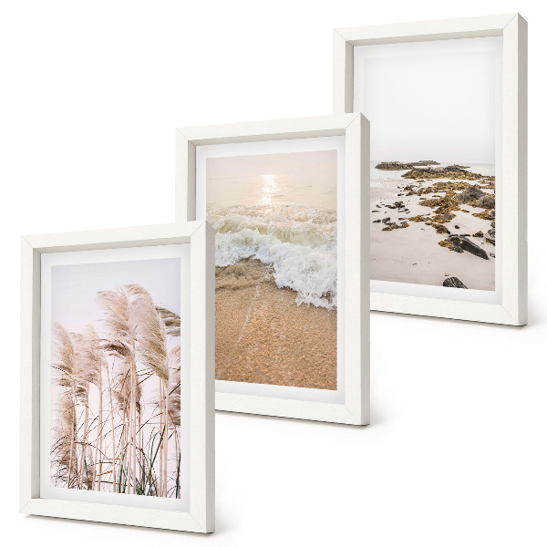 Tríptico enmarcado olas de hierba de playa y piedras costeras boho