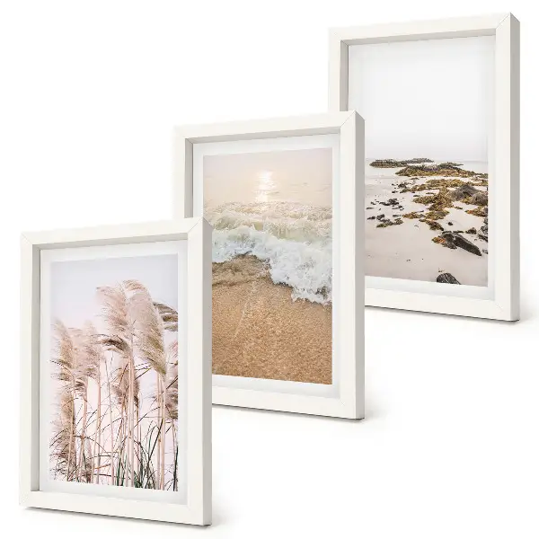 Tríptico enmarcado olas de hierba de playa y piedras costeras estilo boho