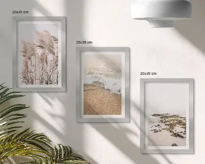 Tríptico enmarcado olas de hierba de playa y piedras costeras estilo boho