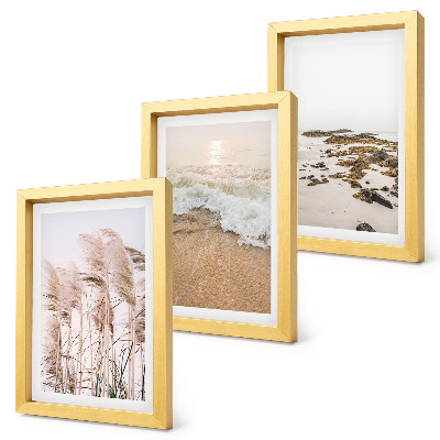 Tríptico enmarcado olas de hierba de playa y piedras costeras boho